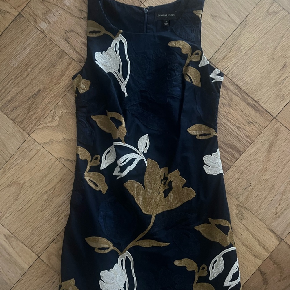 Banana Republic Navy Dress with Gold and White Floral Embroidery